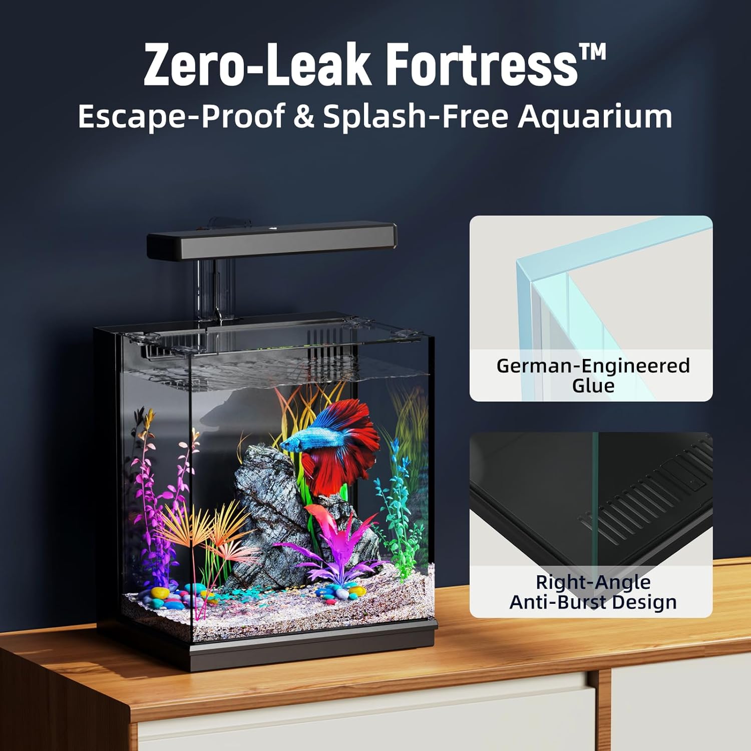 AQUASMITH Betta Fish Tank, 2 Gallon All-in-One Aquarium Kit with Filtration & LED Light, Self-Cleaning Aquarium CE/FCC certified, low MOQ, in stock for global wholesale.